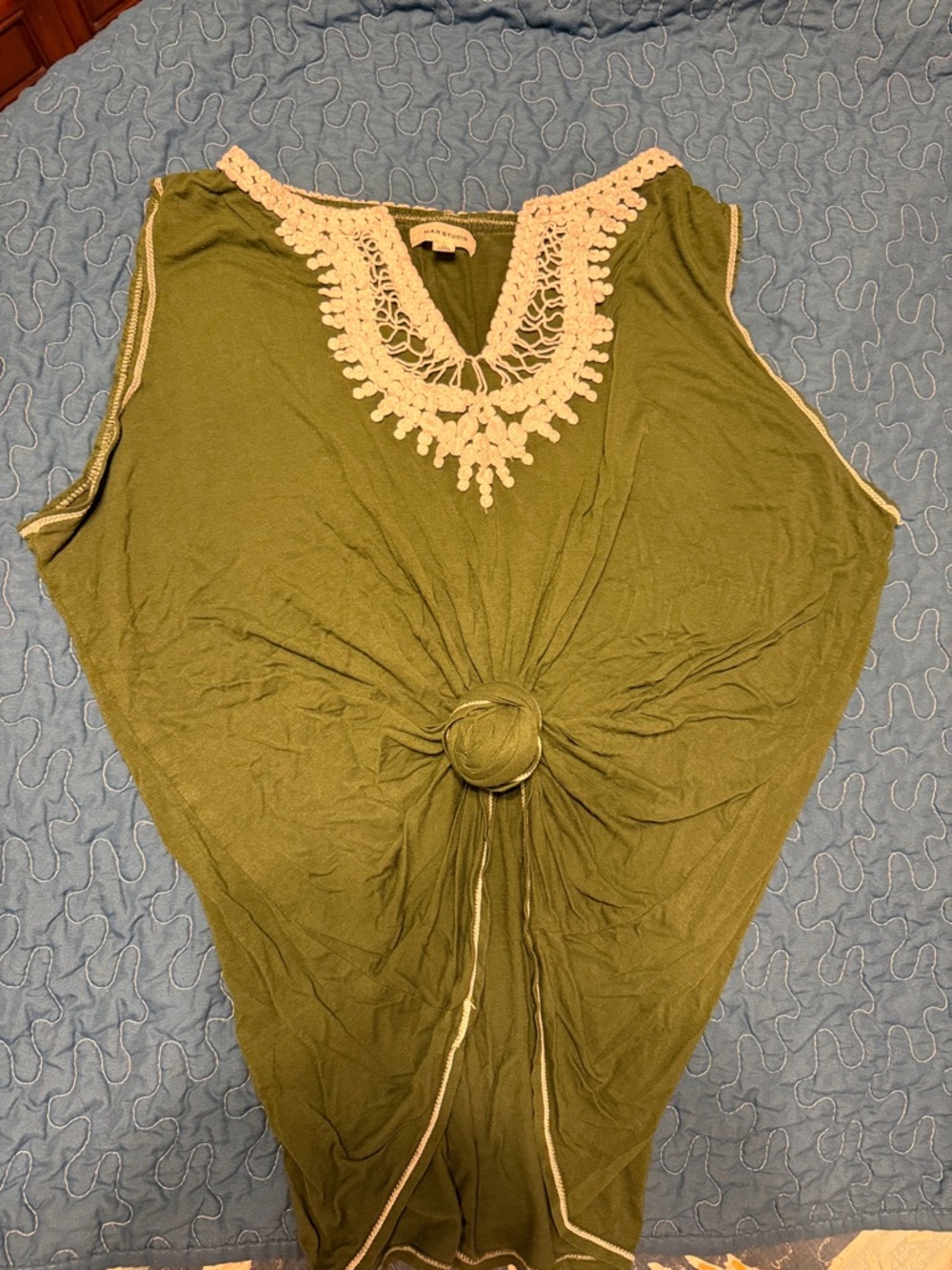 Max Studio Olive Green Top with Cream Crochet Trim